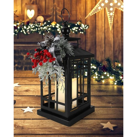 New Metal Black Christmas Lantern with Flameless Candle, Rustic Holiday Decor - Picture 2 of 7